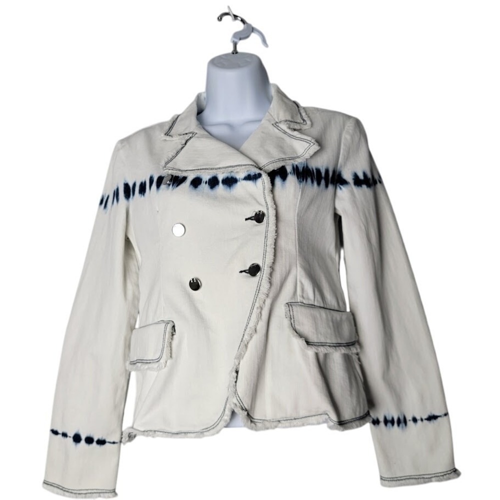 Habitual Girl Sz 12‎ White Blue Tie Dye Blazer Jacket Frayed Hem Double Breasted